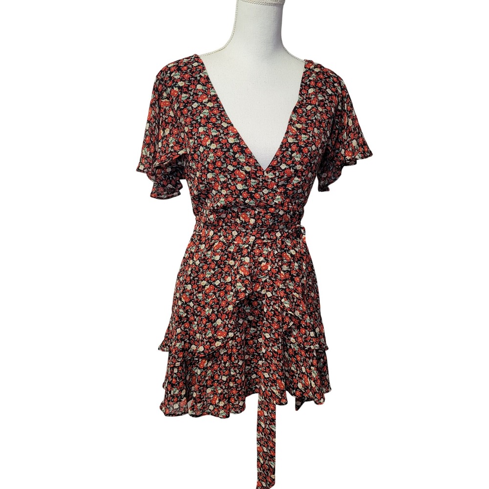 Floral Mini Wrap Dress V-Neck Flutter Sleeve Ruffle Hem Red Black Womens Sz M